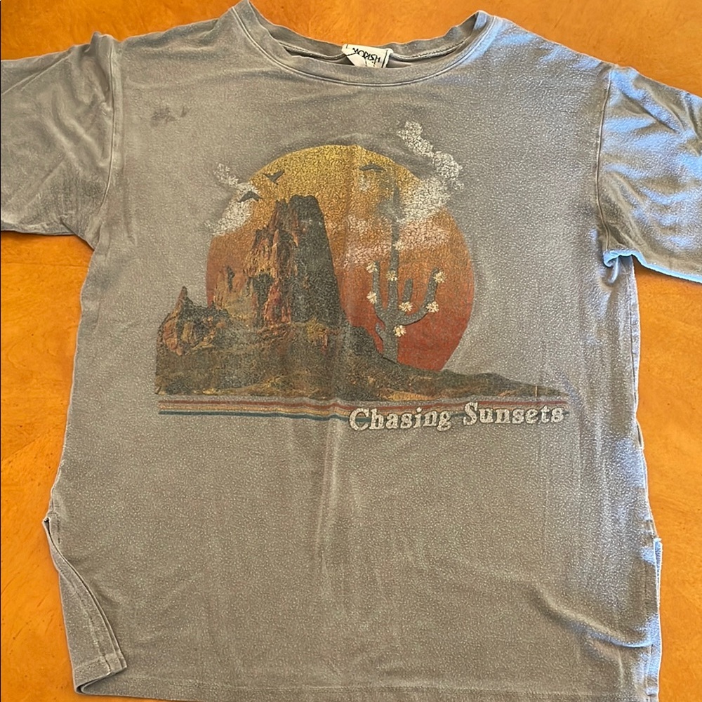 Gray Graphic Tee with Sunset Design
